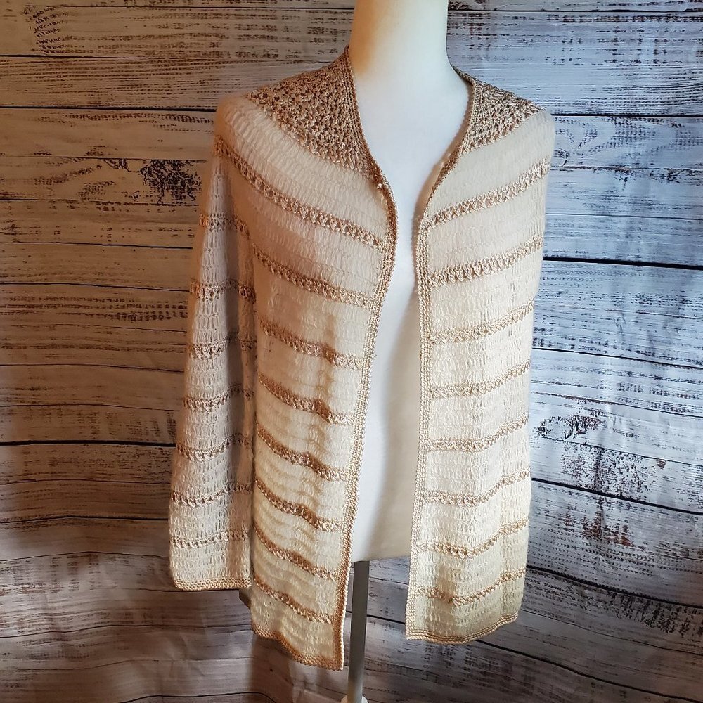 Light Cream Open Knit Stripe-Detail Cardigan